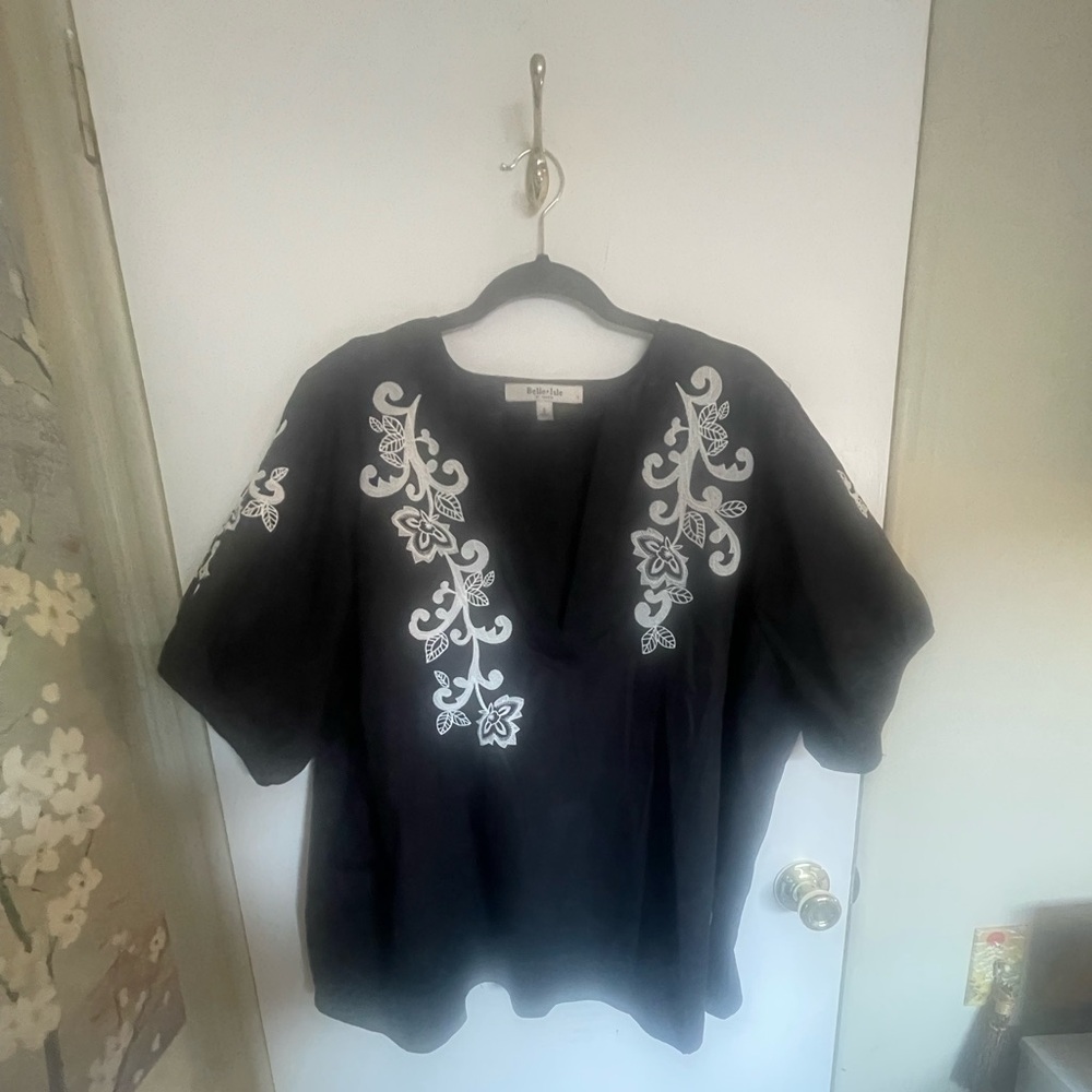 Chic Black Blouse with White Embroidery